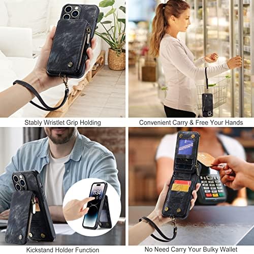 RFID Engellemeli Strapurs iPhone 14 Pro Max Cüzdan Kılıfı, Kart Tutucu ve Kickstandlı iPhone 14 Pro Max Deri Kılıf, Fermuarlı