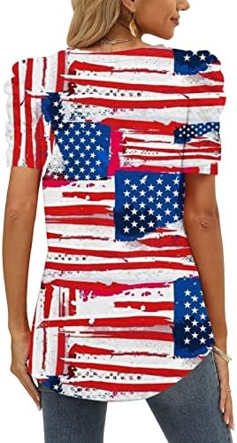 Amerikan Bayrağı T Shirt Kadın Puf Kollu Bluz ABD Yıldız Çizgili Dördüncü Temmuz Tee Gömlek Casual Amerika Bayrağı Üstleri