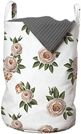 Ambesonne Vintage Gül Çamaşır Torbası, Düz Zemin Üzerine Sürekli Zarif Çiçekler, Kulplu Sepet Çamaşırhaneler için İpli Kapatma,