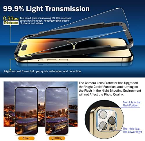 QHOHQ 3 Paket Ekran Koruyucu için iPhone 14 Pro 6.1 İnç 3 Paket Temperli Cam Kamera Lens Koruyucu, Ultra HD, 9H Sertlik,