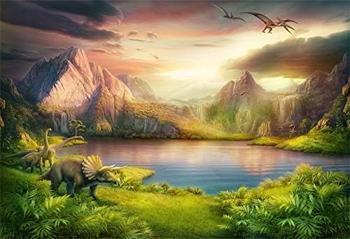 LFEEY Vinil 7x5ft Dinozorlar Tema Fotoğraf Arka Planında Çocuk Doğum Günü Partisi Dinozorlar Dünya Mesozoyik Orman Dağlar