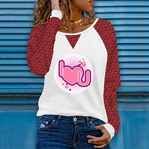 Sevimli Kalp Baskı Üstleri Kadınlar için Dantel Uzun Kollu Tee Gömlek Casual Gevşek Crewneck Tshirt Tığ İşi Dantel Sevgililer