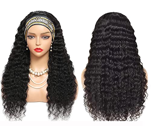 Kafa bandı Peruk Derin Dalga insan saçı peruk 18 inç Yok Dantel ön Peruk Siyah Kadınlar için Derin Kıvırcık Dalga Makine