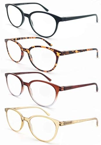 MODFANS Kadın okuma gözlüğü 4 Paketi Büyük Yuvarlak Çerçeve Okuyucular yaylı menteşeler ile 4 Kılıfı