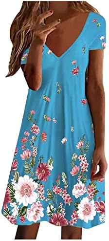 NOKMOPO Bahar Elbiseler Kadınlar için 2023 Düğün Konuk Çiçek Kısa Kollu V Boyun Rahat Gevşek Fit Flare Elbise Plaj Mini Elbise