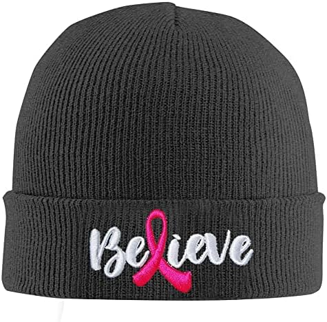 Kamaple Pembe Kurdele İnanıyorum Akrilik Kafatası Örgü Manşet Şapka Kadınlar için, Meme Kanseri Bilinçlendirme Kış Yumuşak