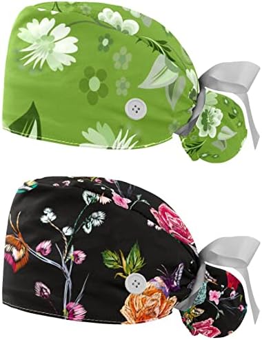 2 Paket Cerrahi Kap Ter Bandı, Nefes Kabarık Şapkalar Uzun Saç, Ayarlanabilir Hemşire Fırçalama Kapaklar Yeşil Çiçek