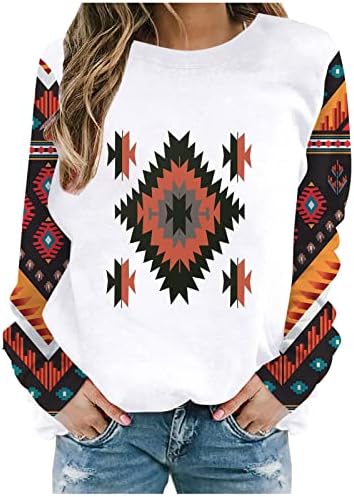 Sonbahar Üstleri Kadın T Shirt Batı Aztek Baskı Kazak Bluz Uzun Kollu Crewneck Patchwork Gömlek Gevşek Kazak