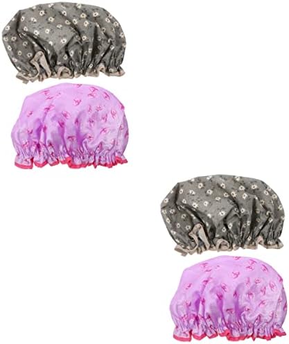 DOITOOL Bayan duş boneleri Çift Katmanlı Banyo duş boneleri: 4 adet Çiçek Baskılı Katmanlar Banyo Duş Şapka Saç Kullanımlık