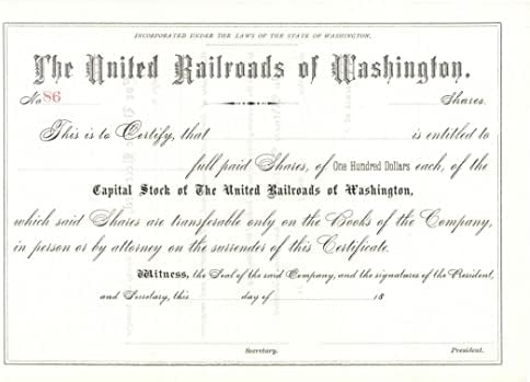 Washington Birleşik Demiryolları-Kuzey Pasifik Arşivi-Yayınlanmamış Demiryolu Stok Sertifikası-Washington Eyaleti