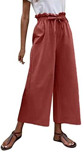 Mackneog Keten Düz Renk Kapri Golf Pantolon Kadınlar için Geniş Bacak Gevşek Fit Bayan Kapriler Yaz yazlık pantolonlar Kırpma