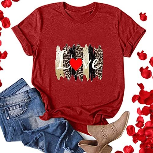 Sevgililer Günü T Shirt Kadınlar için Moda Leopar Aşk Kalp Baskı Grafik Tees Casual Kısa Kollu Üst Crewneck Gömlek
