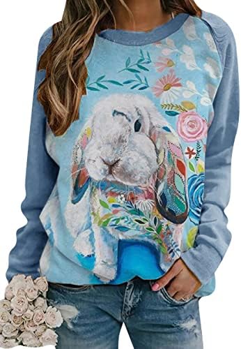 YMİNG Bayan Paskalya Ekip Boyun Kazak Tavşan Baskılı Uzun Kollu Kazak Sevimli Tavşan T-Shirt