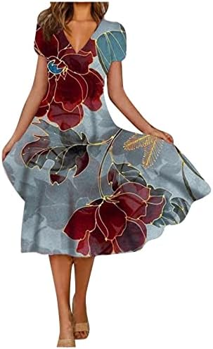 Artı Boyutu Kadın Kısa Kollu Elbise Çiçek Rahat V Boyun Midi Elbiseler Bayanlar Flare Salıncak A-line Tatil Elbise