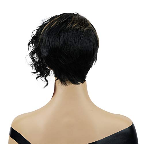 onemily 6 Kadın Kısa Kıvırcık Peruk Peri Kesim Saç Asimetrik Yan Patlama Saç Sentetik Peruk Kadınlar için (Siyah Kahverengi