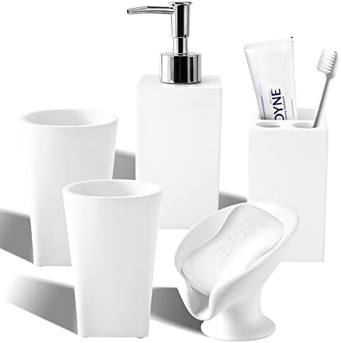 Beyaz Banyo Aksesuarları Seti, 5 Adet Reçine Banyo Setleri Sabunluk Fırça Tutucu Sabunluk ve 2 Bardak Banyo Tuvalet Daire