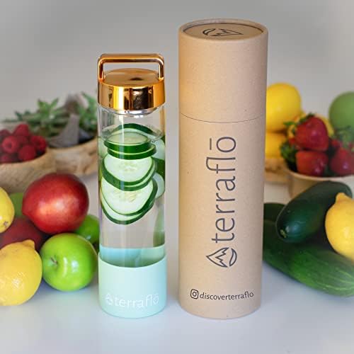 Terraflo Meyve Demlik Premium Cam Su Şişesi 24 oz (700 mL) - Çıkarılabilir Kaymaz Silikon Kılıf - Üst Tutamak Kapağı-İnfüzyon