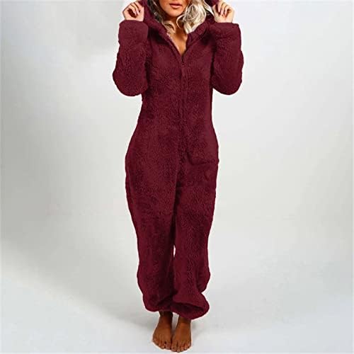 Pazen Pijama Kadın Düz Renk Uzun Kollu Casual Fermuar Gevşek Kapşonlu Tulum Pijama Kış Sıcak Pijama Sevimli Kulaklar