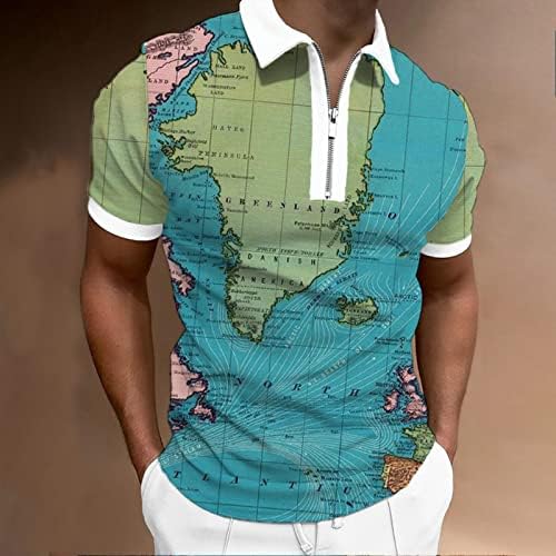 HDDK Fermuar Polo golf gömlekleri Mens için Yaz Kısa Kollu Dünya Haritası Baskı Komik Grafik Rahat Tenis Üst Gömlek İş için