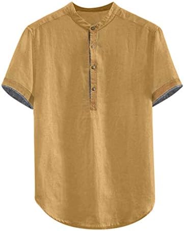 XXBR Yaz Erkek Casual Henley Gömlek Pamuk Keten Kısa Kollu Ön Placket Düğme Düzenli fit Yakasız Plaj Gömlek