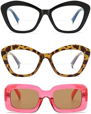 LKEYE Bifokal okuma gözlüğü Kadınlar için Tasarımcı Kedi Gözü Büyük Boy Çerçeve Okuyucular Oprah Tarzı Gözlük 2 Paket 1.75