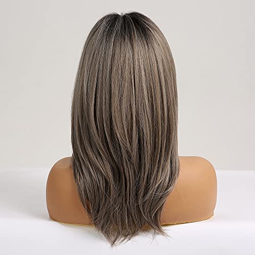 Mystylecos Degrade Gri Peruk Kadınlar için Omuz Uzunlukta Katmanlı kahküllü peruk İsıya Dayanıklı Sentetik Peruk Düz saç