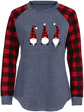 CofeeMO Bravetoshop Merry Christmas Ekose T Shirt Kadınlar için Sevimli Noel Baba Şapka Grafik Uzun Kollu Noel Tatil Tees