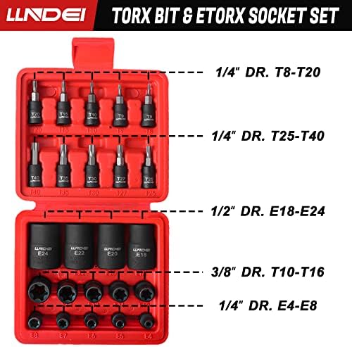 Torx Bit Soket ve Dişi Harici Soket Seti 24 ADET, LLNDEI 10 Yıldız Soket Uçları (T8-T40) ve 14 Dişi E-Torx Soket (E4-E24)