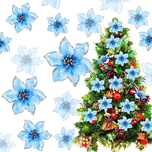 25 Adet Glitter Atatürk Çiçeği Yılbaşı Ağacı Süsleri 25 Klipler, Çiçek Süsler Noel Ağacı Düğün Parti Dekor için (Mavi)