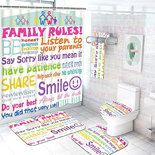 Ikfashonı Kilim ve Havlu ile 7 Parça Sevimli Aile Kuralları Duş perde seti, Kaymaz Halı dahil, tuvalet kapağı Kapağı, banyo