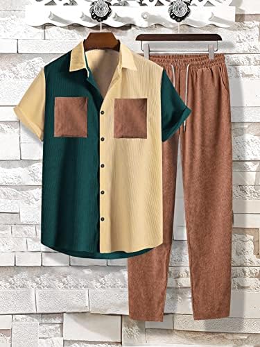 Erkekler için iki Parçalı Kıyafetler Erkekler Colorblock Cep Yamalı Düğme Ön Gömlek ve İpli Bel Pantolon (Renk: Çok Renkli,