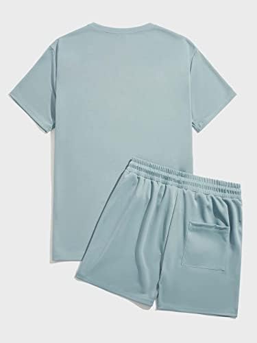 NIBHZ İki Parçalı Kıyafetler Erkekler için Erkekler Mektup Grafik Tee ve İpli Bel Şort (Renk: Tozlu Mavi, Boyut: Orta)