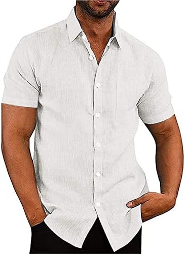 Erkek Yaz Düğme Gömlek Casual Kısa Kollu Pamuk Keten Plaj Gömlek Tatil Hawaiian Bluzlar Tops