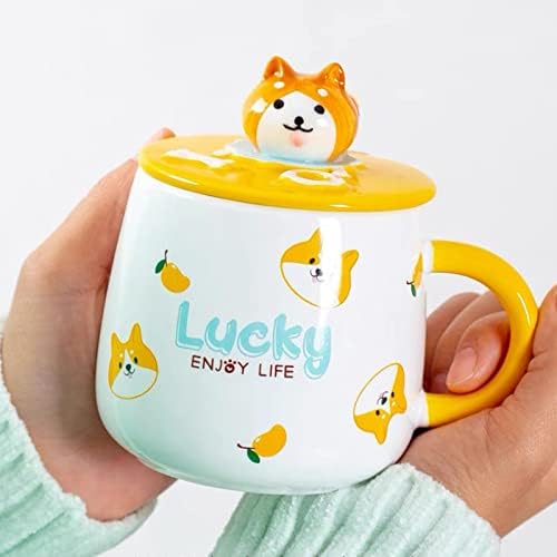Seramik Sevimli Kahve Kupaları, Güzel Corgi Kapaklı Sevimli Köpek Kupası Paslanmaz Çelik Kaşık, Çay Süt Suyu için Yenilik