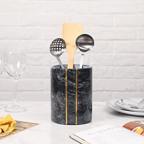 MyGift Modern Siyah Mermer Tasarım Yuvarlak Seramik mutfak eşyası tutucu Mutfak Sayacı Pirinç Accent Şerit
