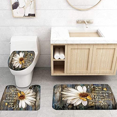 GUDAGUU 4 Adet Rustik Çiçek Duş Perdeleri Retro Banyo Setleri, Papatya Vintage Ahşap Çiçek Su Geçirmez Banyo Dekor Kaymaz