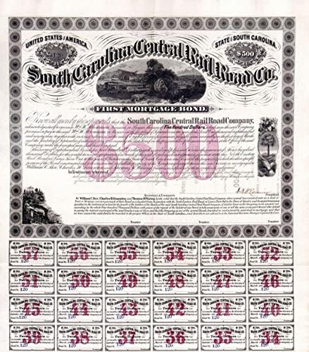 Güney Carolina Merkez Demiryolu A. Ş. - 500 $ Demiryolu 1871 ilk İpotek Bonosu
