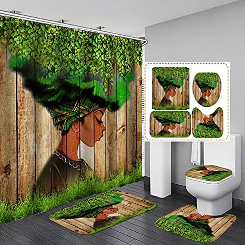 4 Adet Afro-Amerikan Yeşil Yapraklar Asma Duş Perdesi Setleri Kaymaz Kilimler,Tuvalet koruyucu örtü,Banyo Paspası ve 12 Kanca,