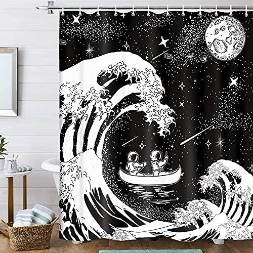 Komik Siyah Beyaz Duş Perdesi, Astronotlar Kürek Okyanus Dalgaları Duş banyo perdesi, Japon Kanagawa Dalgalar Sanat Duş banyo
