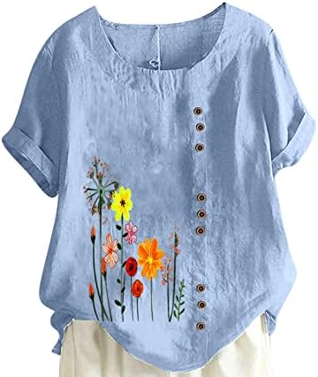 Kızlar Tekne Boyun Keten Pamuk Gül Papatya Çiçek Grafik Düğme Aşağı Büyük Boy Salon Bluz Gömlek Bayan LM