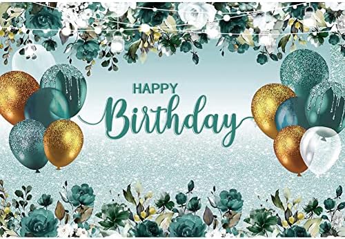 Renaiss 12x8ft Mutlu doğum Günü Partisi Zemin Altın Yeşil Balonlar yaprakları Beyaz çiçek ışık topları parlak noktalar Glitter