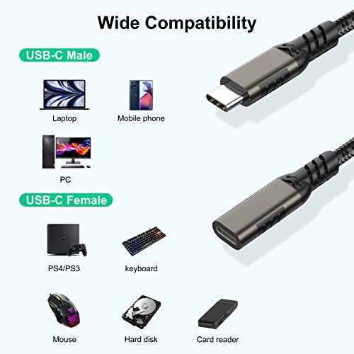 USB C Uzatma Kablosu 1ft, USB Tip-C Erkek Dişi Kordon, [USB3.1 Gen2/10Gbps] Sync Transferi USB C Genişletici 100W/5A Hızlı