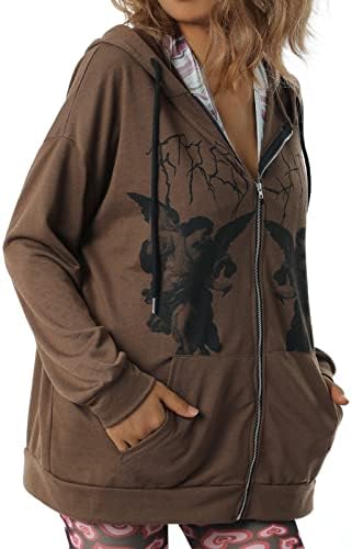 Kadın Büyük Boy fermuarlı sweatshirt Çapraz Taklidi Ceketler Y2K Uzun Kollu Baskılı Hoodies Streetwear
