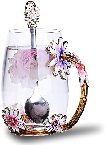 Goodking çiçekli cam çay bardağı, kurşunsuz El Yapımı Emaye Kahve Kupa çay fincanları Kaşık ile Kadınlar İçin Büyükanne Anne
