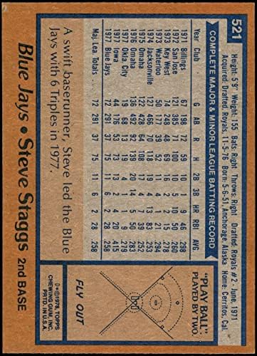 1978 Topps 521 Steve Staggs Toronto Mavi Jayler (Beyzbol Kartı) NM / MT Mavi Jayler