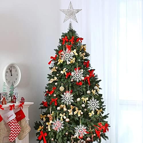 Brasople 8 inç Beyaz Kış Noel Yıldız Ağacı Topper Simli Metal Noel Dekorasyon ve 6 Adet Glitter Plastik Kar Tanesi Süsler