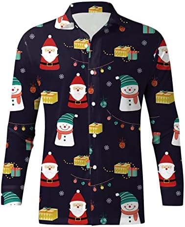 WOCACHİ Hawaii Noel Gömlek Erkekler için Uzun Kollu Casual Düğme Santa Geyik Baskılı Elbise Gömlek Noel Tatil Tops