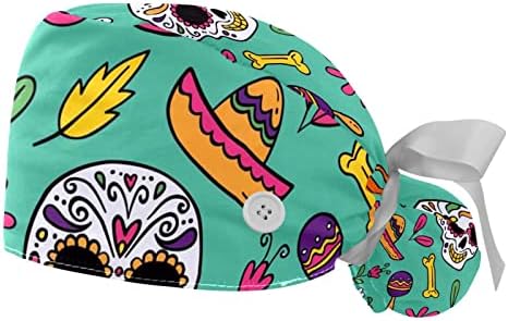 Şeker Kafatası Çiçek çalışma Kapağı Düğme ve Ter Bandı 2 ADET Kullanımlık Cerrahi Cerrahi Şapka At Kuyruğu Tutucu Çok Renkli