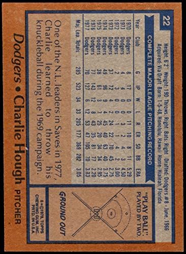 1978 Topps 22 Charlie Hough Los Angeles Dodgers (Beyzbol Kartı) NM + Dodgers