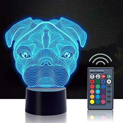 Urwise 3D Gece lambası, Pug 3D Gece lambası, Uzaktan kumandalı 16 renk değiştiren ışık Hayvan Oyuncakları Yatak Odası Ev